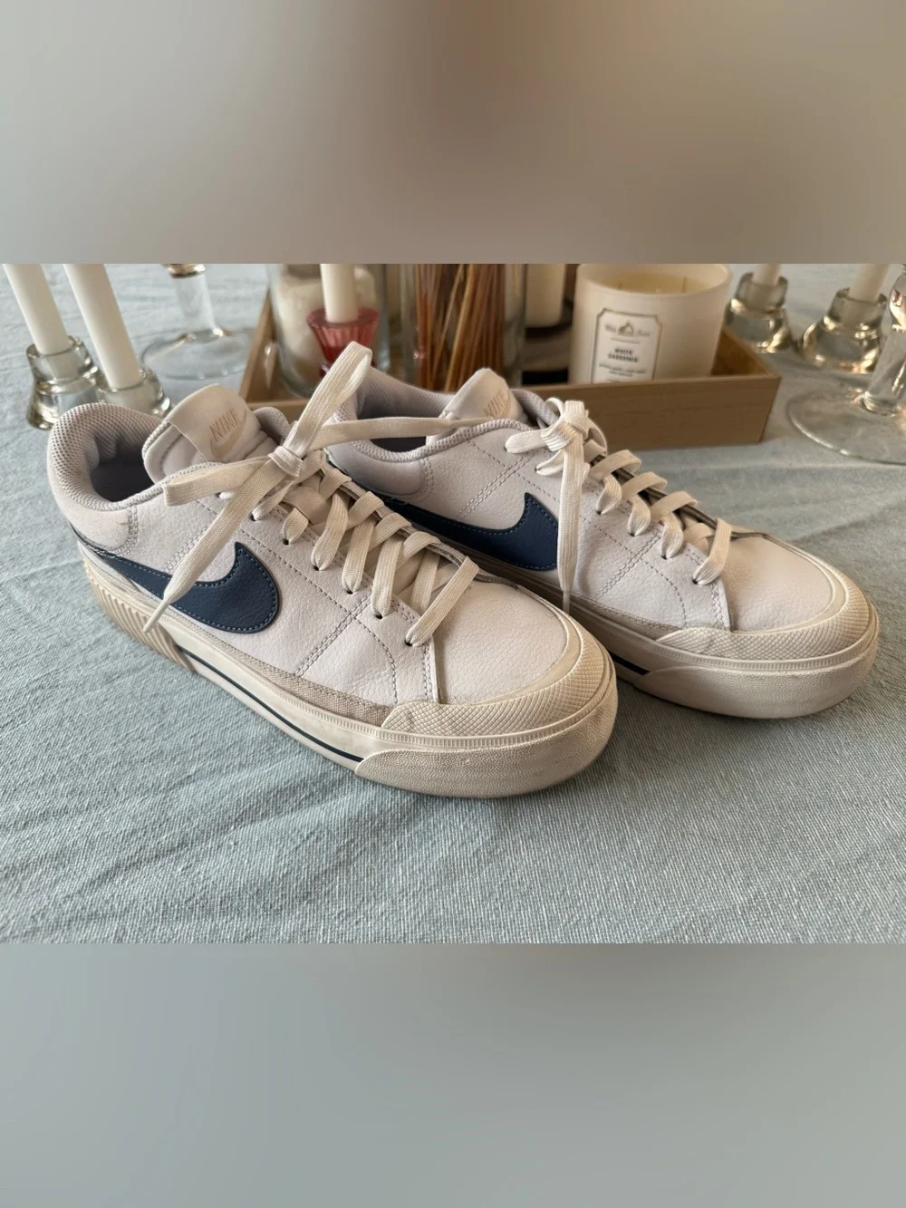 Nike Women’s Canvas Low-Top Sneakers in White with Navy Swoosh